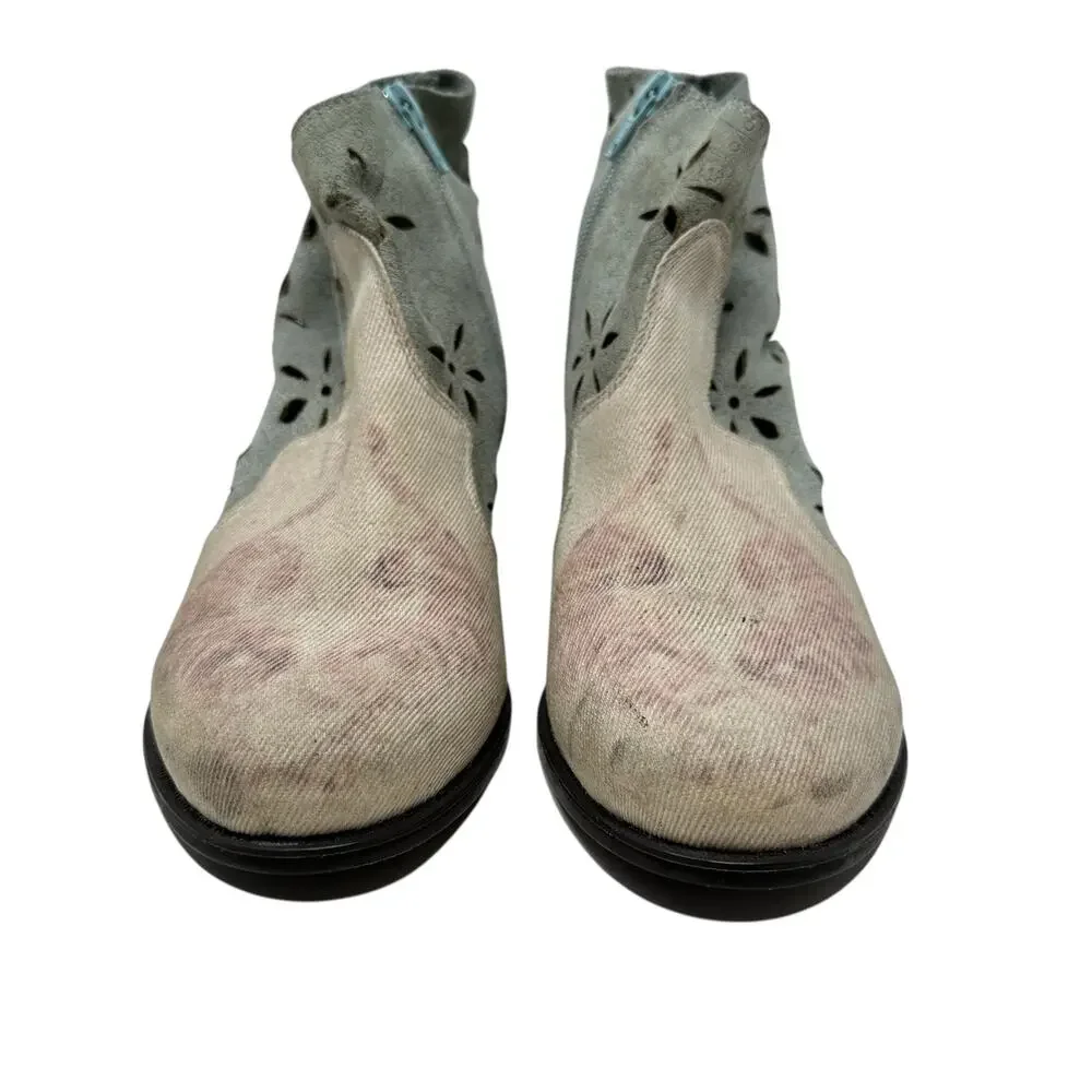 Desigual Ankle Boots Cutwork Tiger Print‎ Heeled Blue Cream Pink Size 41 US 10